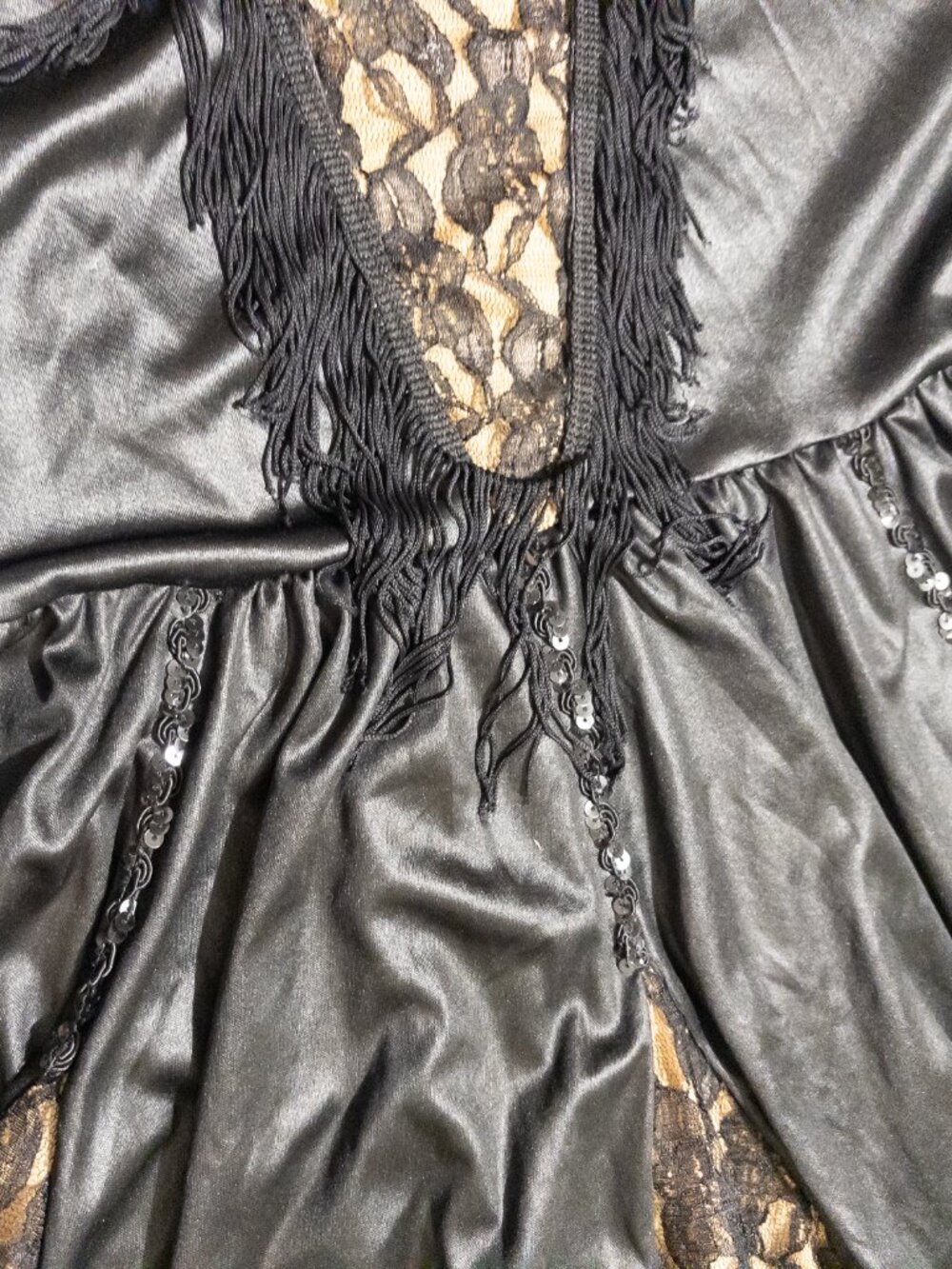 Vintage Black and Tan Fringe Dance Costume With Lace and Pleats - Picture 6 of 10